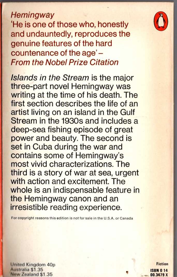 Ernest Hemingway  ISLANDS IN THE STREAM magnified rear book cover image