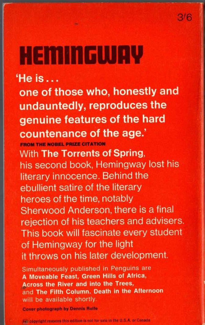Ernest Hemingway  THE TORRENTS OF SPRING magnified rear book cover image