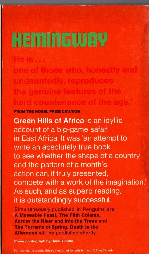 Ernest Hemingway  GREEN HILLS OF AFRICA magnified rear book cover image