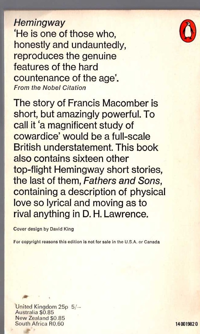 Ernest Hemingway  THE SHORT HAPPY LIFE OF FRANCIS MACOMBER magnified rear book cover image