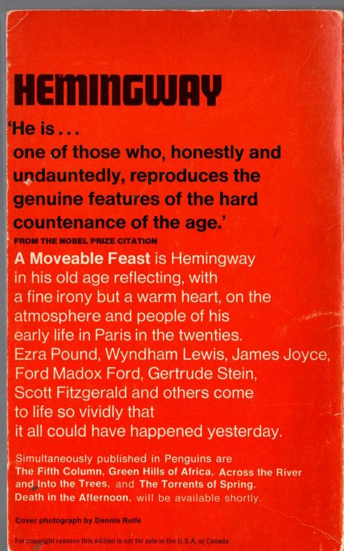 Ernest Hemingway  A MOVEABLE FEAST magnified rear book cover image