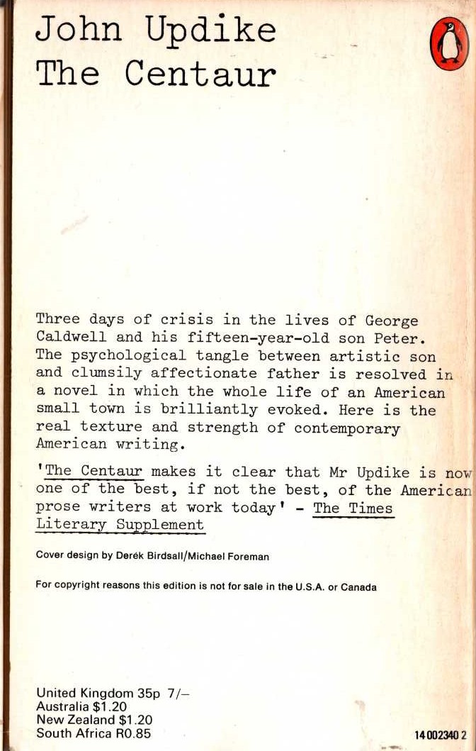 John Updike  THE CENTAUR magnified rear book cover image
