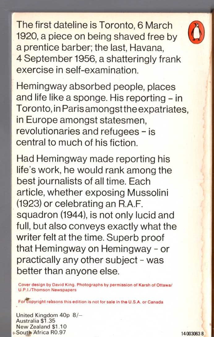 Ernest Hemingway  BY-LINE (75 Articles and Dispatches of Four Decades) magnified rear book cover image