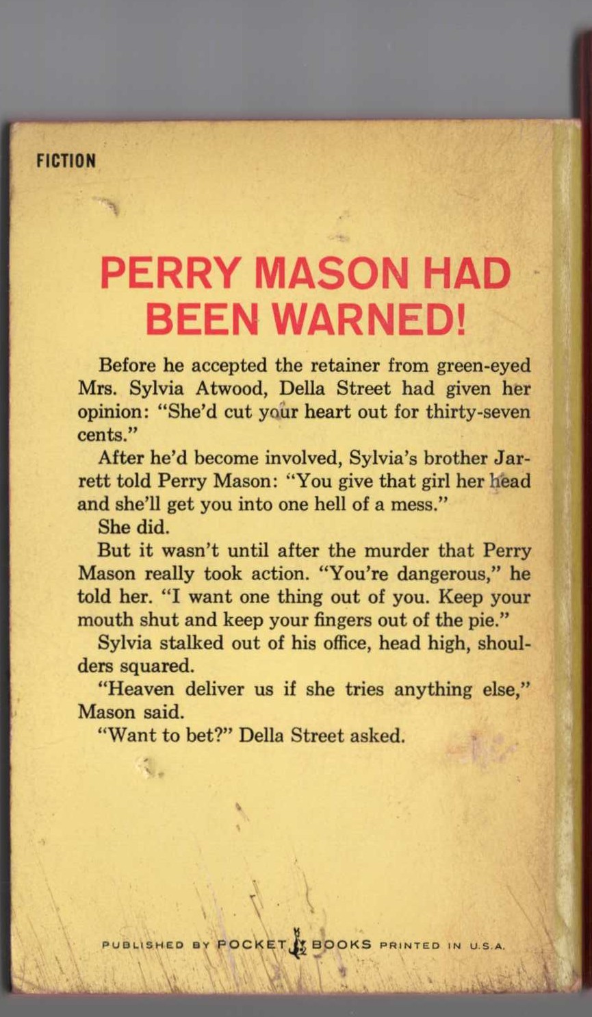 Erle Stanley Gardner  THE CASE OF THE GREEN-EYED SISTER magnified rear book cover image