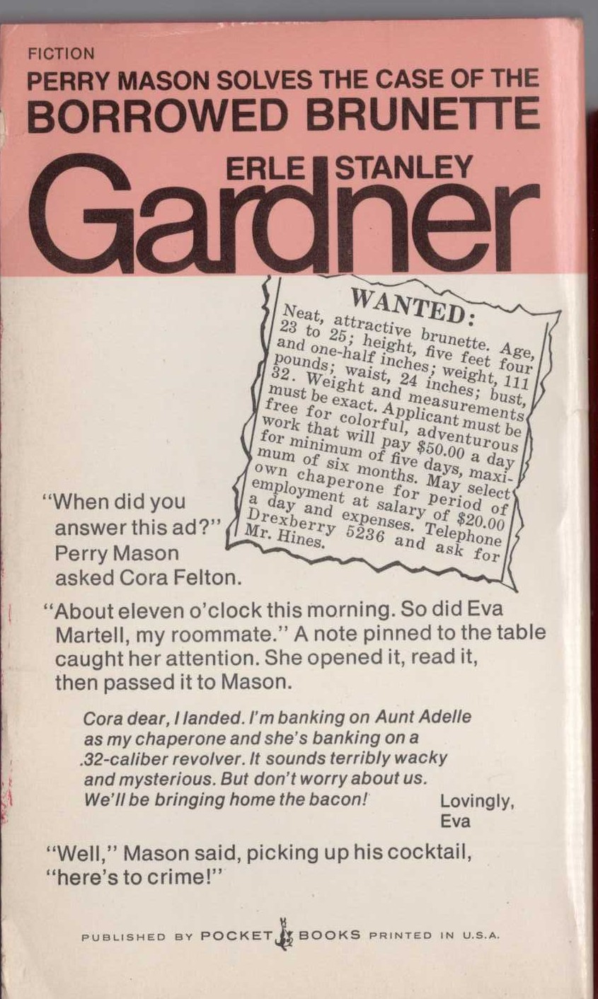 Erle Stanley Gardner  THE CASE OF THE BORROWED BRUNETTE magnified rear book cover image