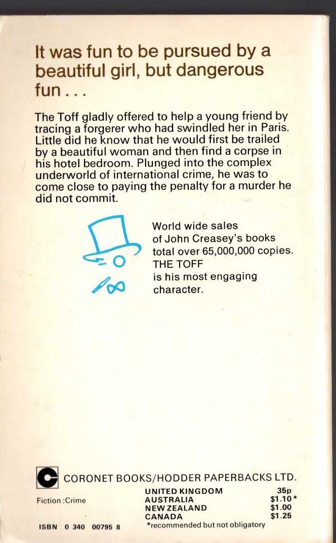 John Creasey  FOLLOW THE TOFF magnified rear book cover image