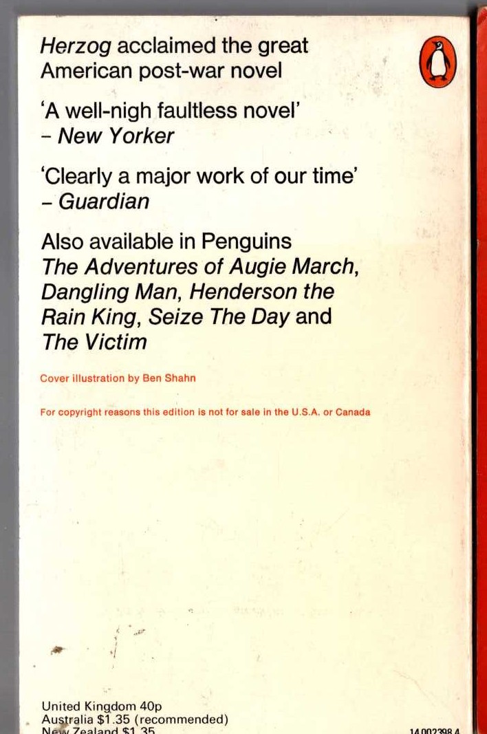 Saul Bellow  HERZOG magnified rear book cover image