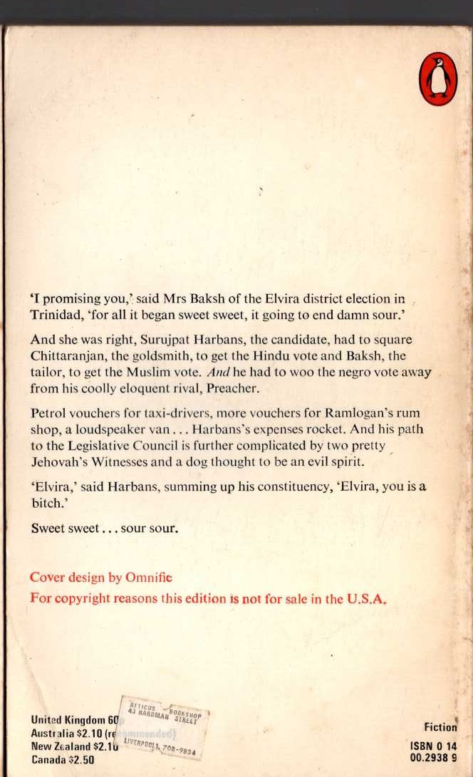 V.S. Naipaul  THE SUFFRAGE OF ELVIRA magnified rear book cover image