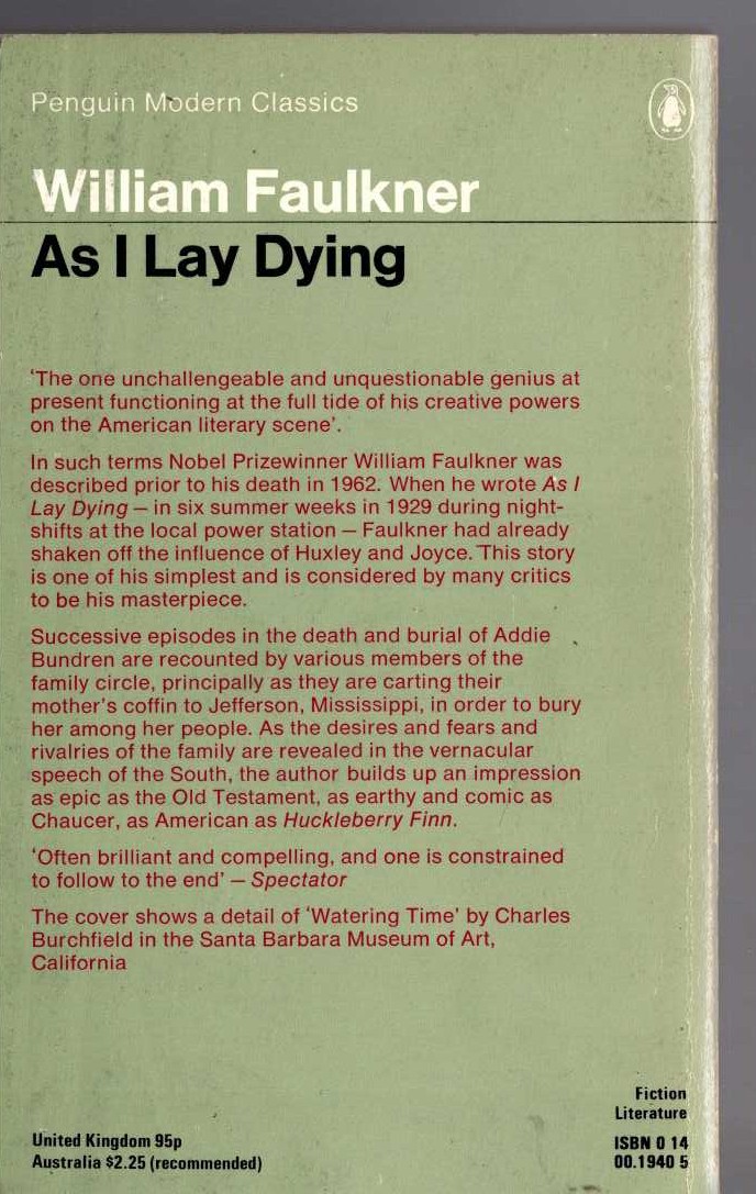 William Faulkner  AS I LAY DYING magnified rear book cover image