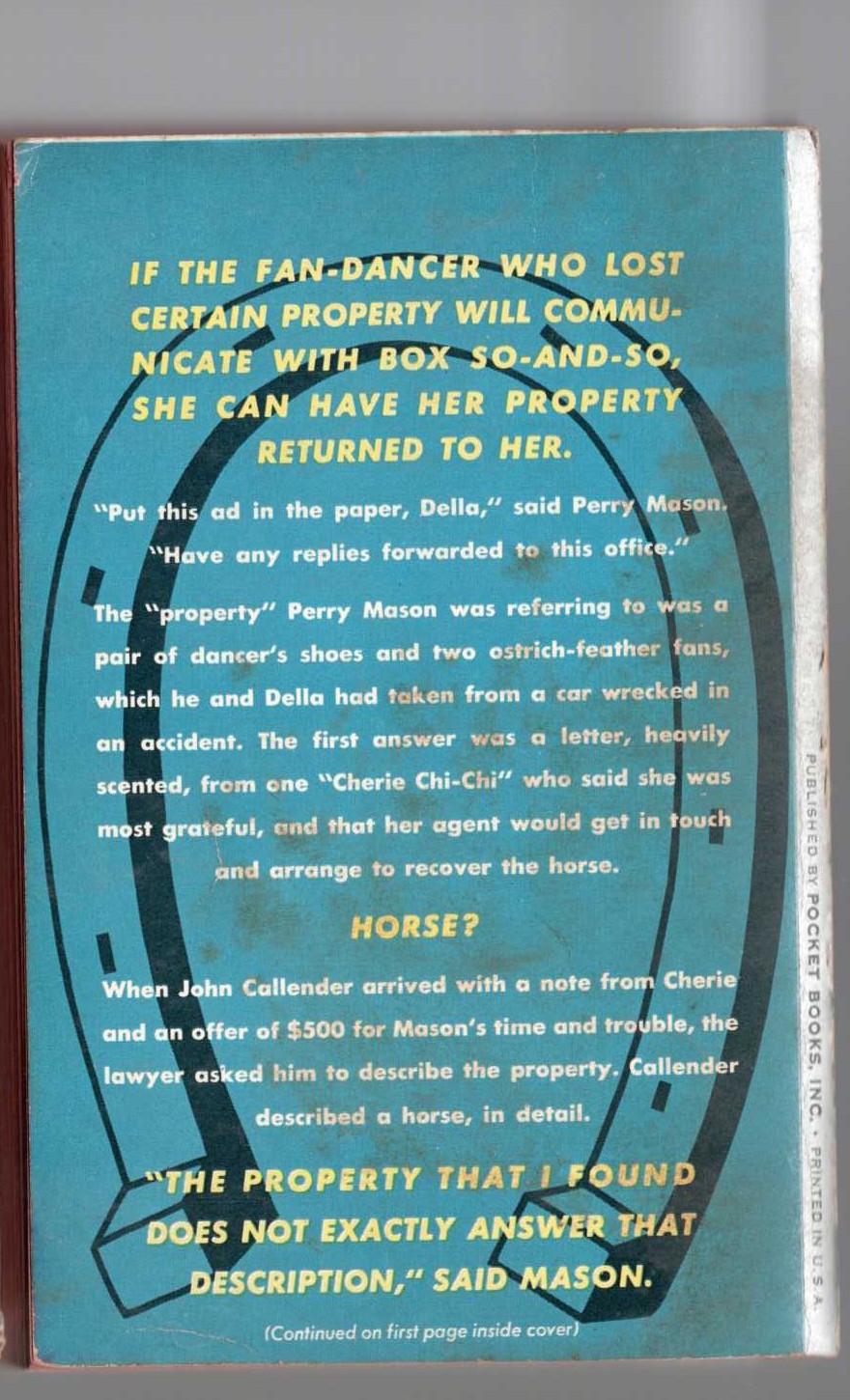 Erle Stanley Gardner  THE CASE OF THE FAN-DANCER'S HORSE magnified rear book cover image