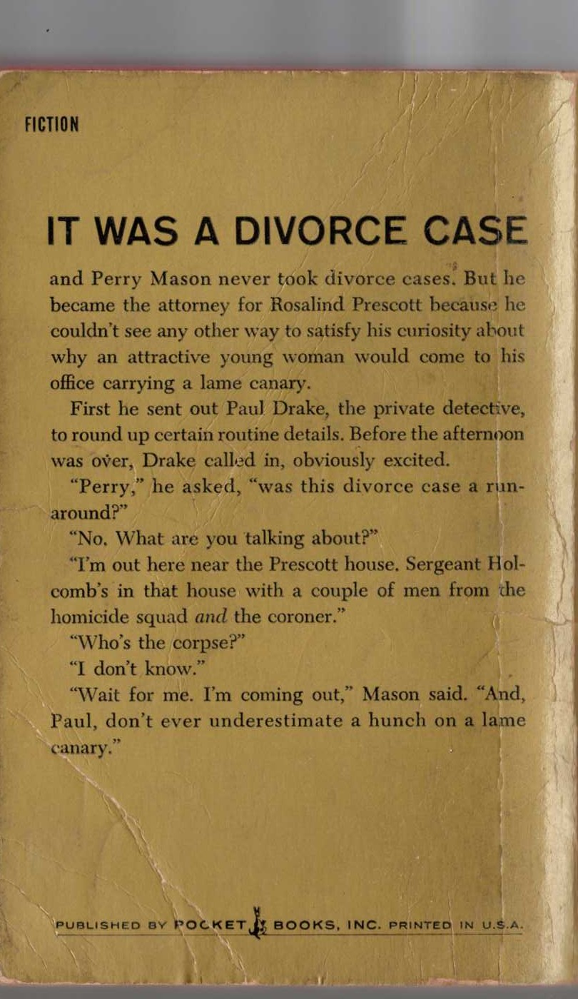 Erle Stanley Gardner  THE CASE OF THE LAME CANARY magnified rear book cover image