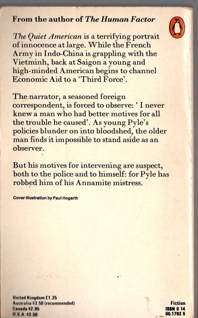 Graham Greene  THE QUIET AMERICAN magnified rear book cover image