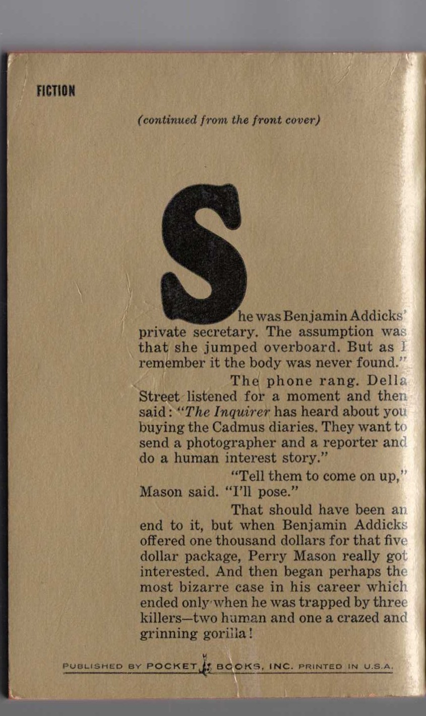 Erle Stanley Gardner  THE CASE OF THE GRINNING GORILLA magnified rear book cover image