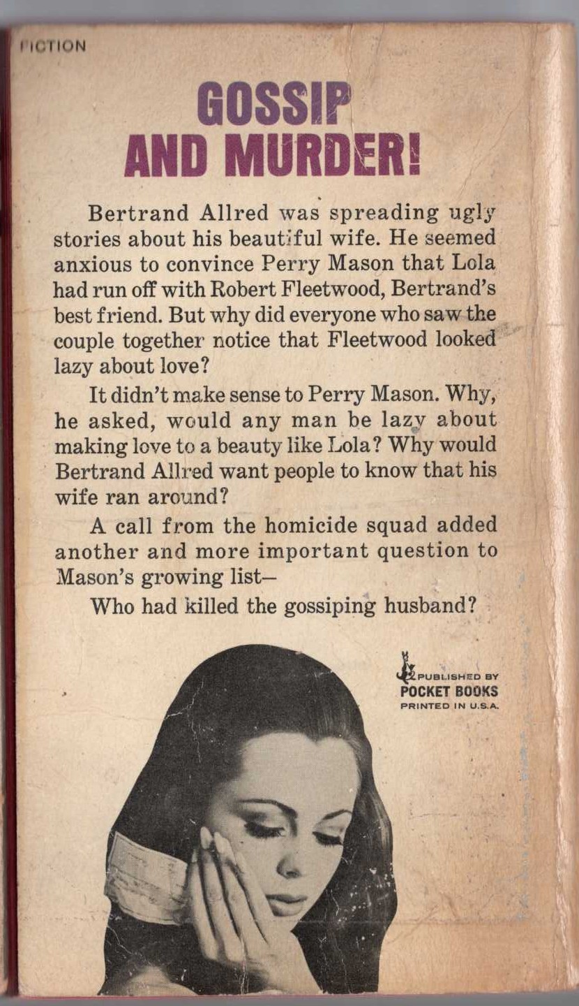 Erle Stanley Gardner  THE CASE OF THE LAZY LOVER magnified rear book cover image