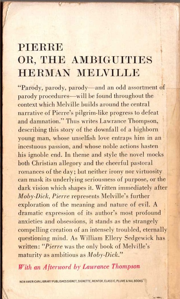Herman Melville  PIERRE OR, THE AMBIGUITIES magnified rear book cover image