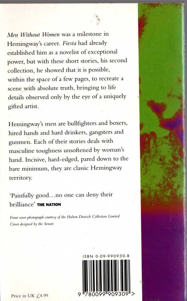 Ernest Hemingway  MEN WITHOUT WOMEN magnified rear book cover image