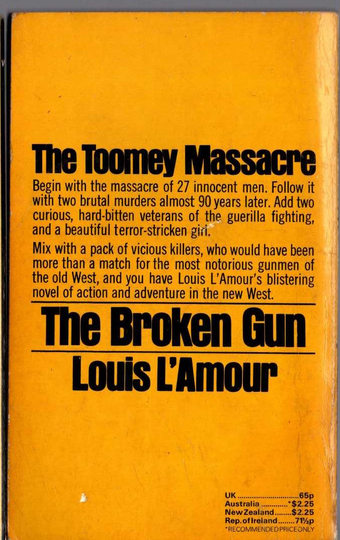 Louis L'Amour  THE BROKEN GUN magnified rear book cover image
