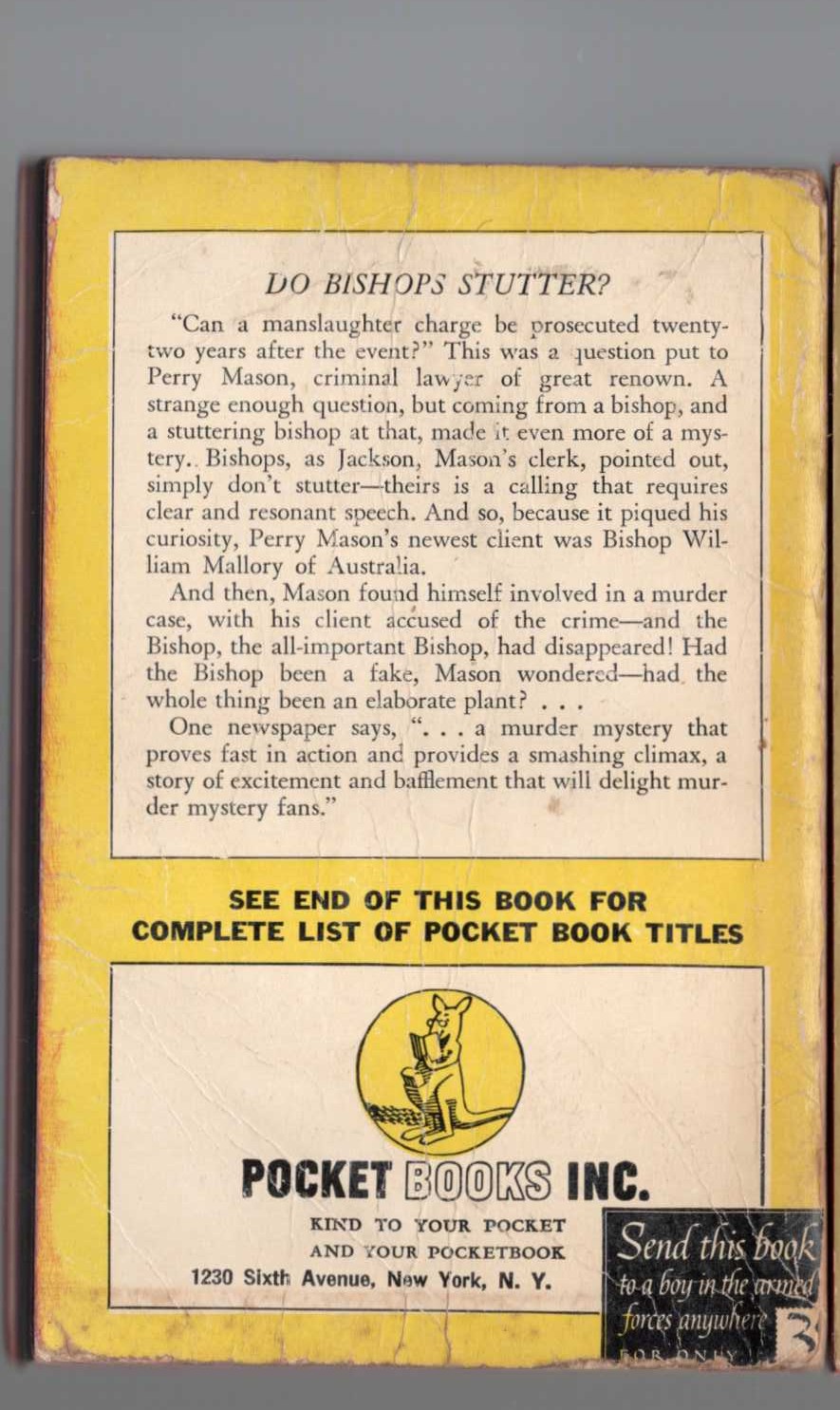 Erle Stanley Gardner  THE CASE OF THE STUTTERING BISHOP magnified rear book cover image