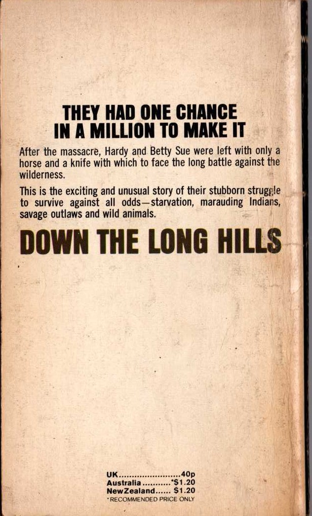 Louis L'Amour  DOWN THE LONG HILLS magnified rear book cover image