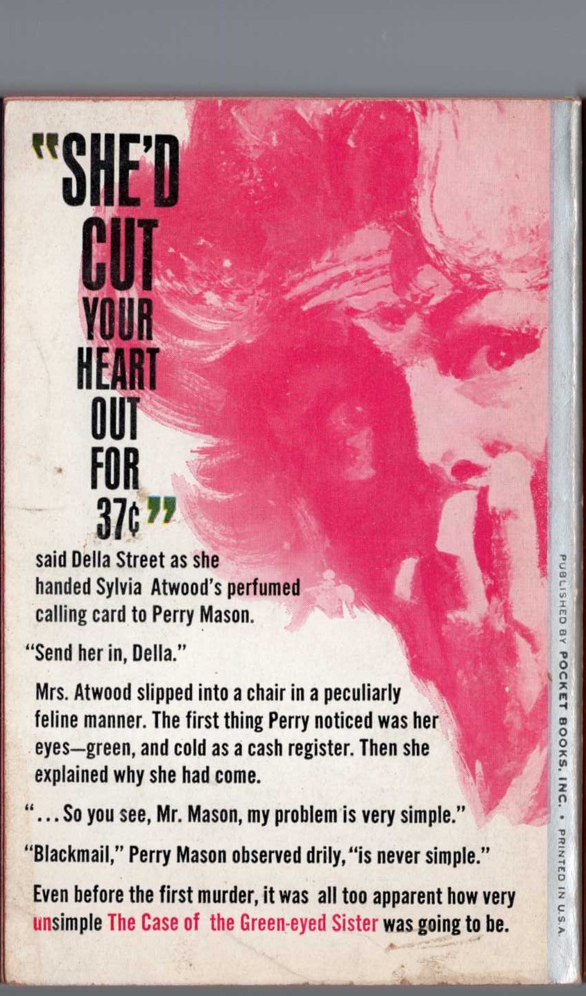 Erle Stanley Gardner  THE CASE OF THE GREEN-EYED SISTER magnified rear book cover image