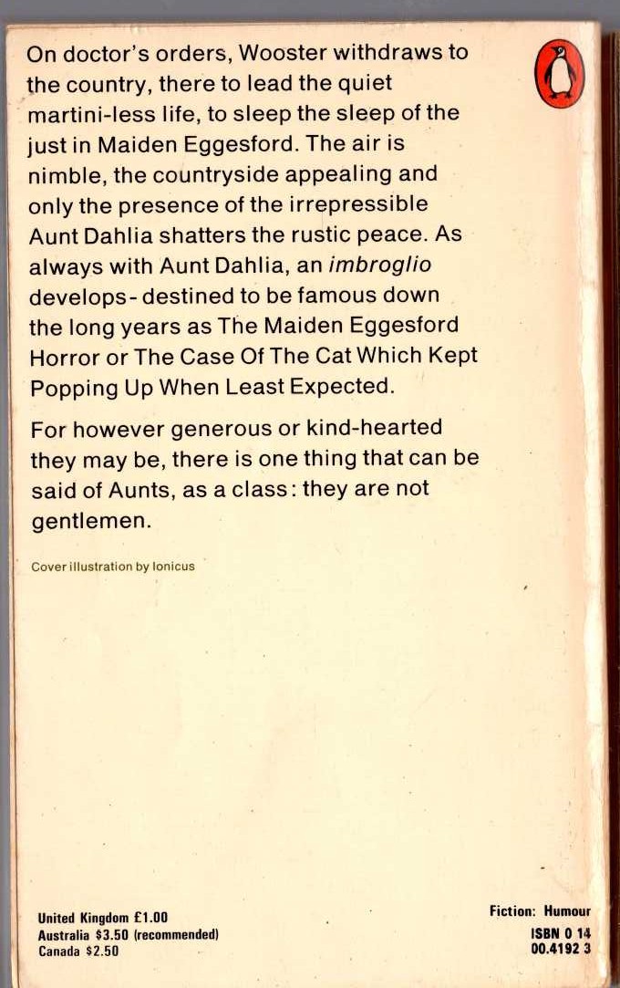 P.G. Wodehouse  AUNTS AREN'T GENTLEMEN magnified rear book cover image