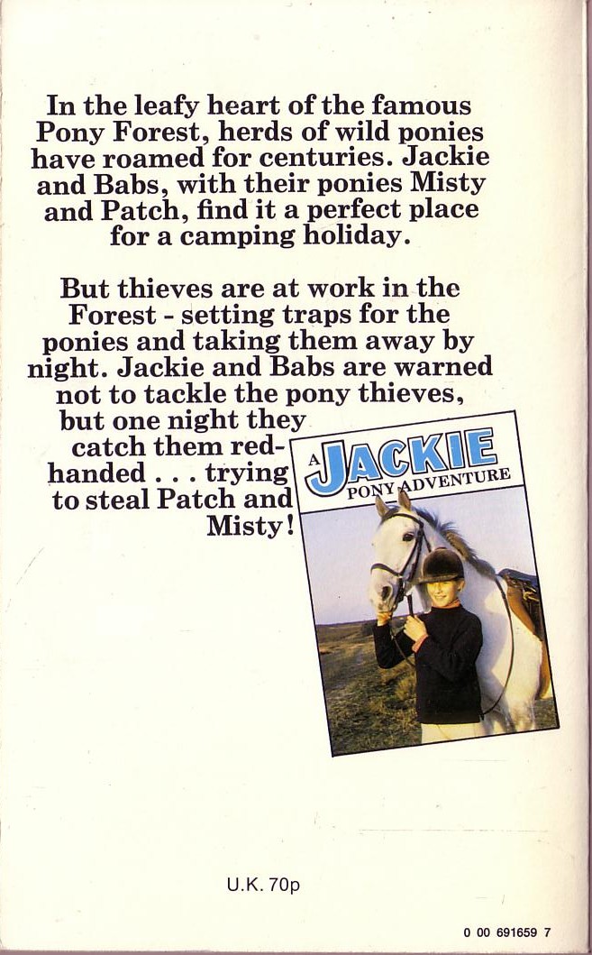 Judith M. Berrisford  JACKIE AND THE PONY THIEVES magnified rear book cover image