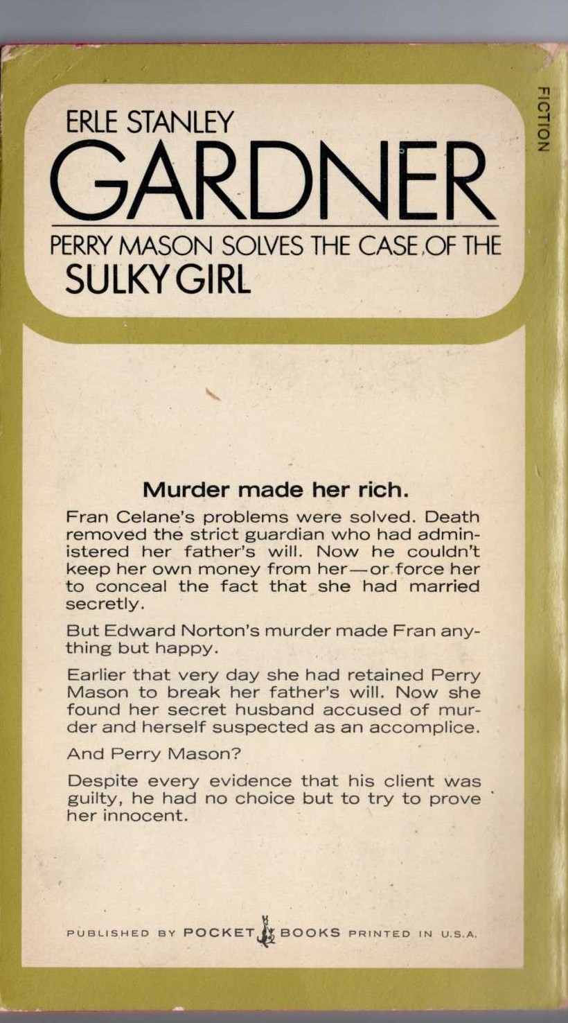 Erle Stanley Gardner  THE CASE OF THE SULKY GIRL magnified rear book cover image