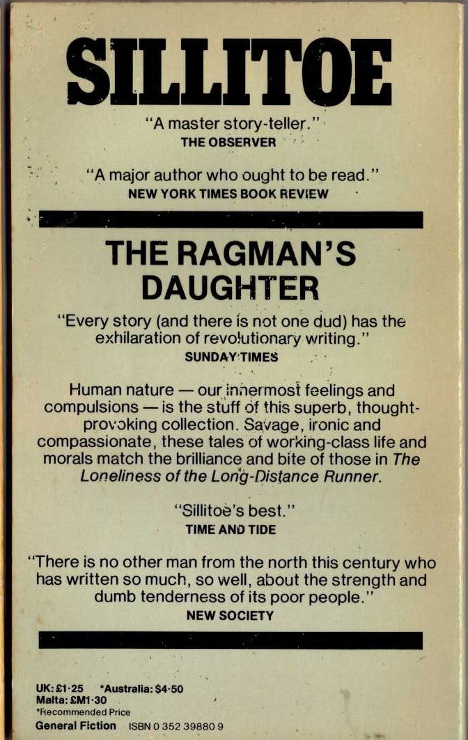 Alan Sillitoe  THE RAGMAN'S DAUGHTER magnified rear book cover image