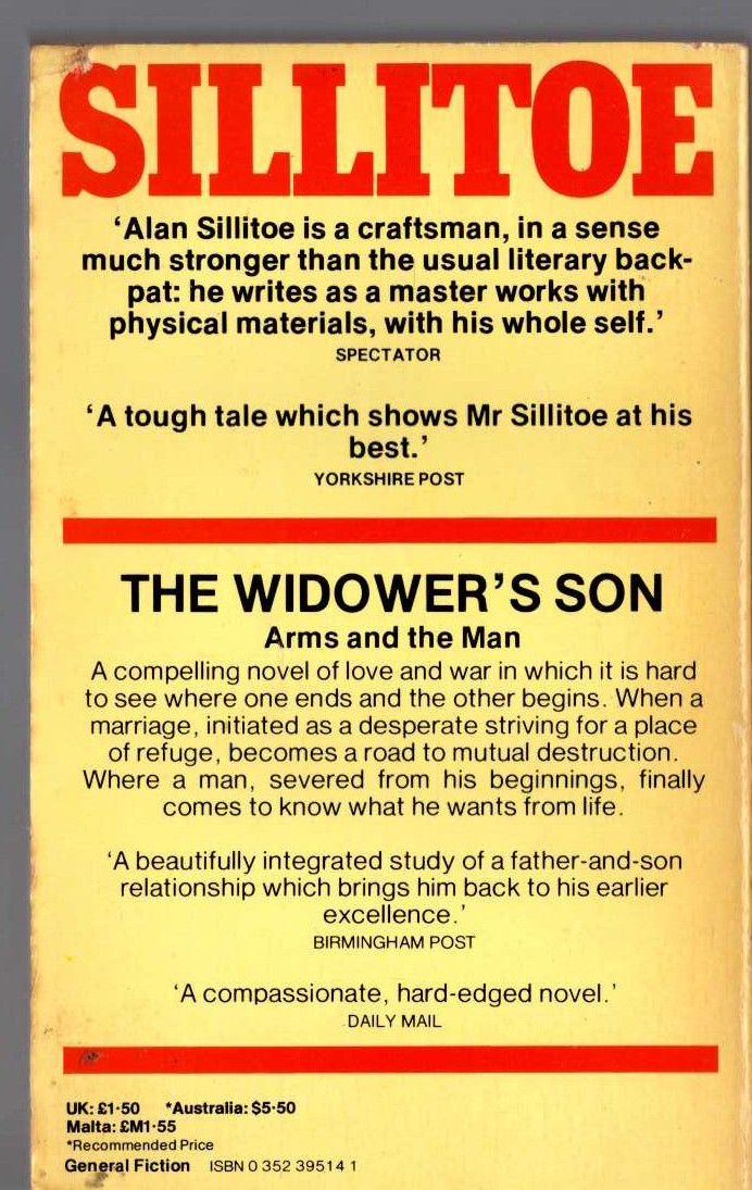 Alan Sillitoe  THE WIDOWER'S SON magnified rear book cover image