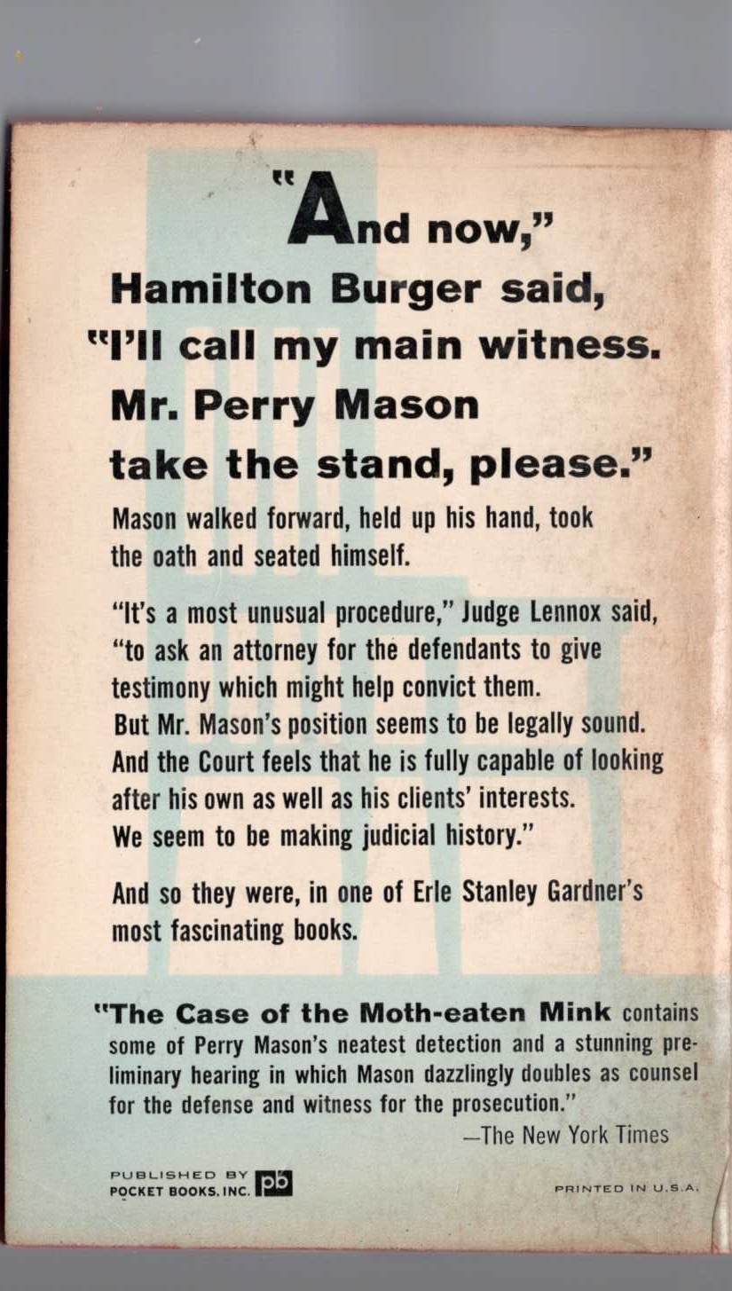 Erle Stanley Gardner  THE CASE OF THE MOTH-EATEN MINK magnified rear book cover image
