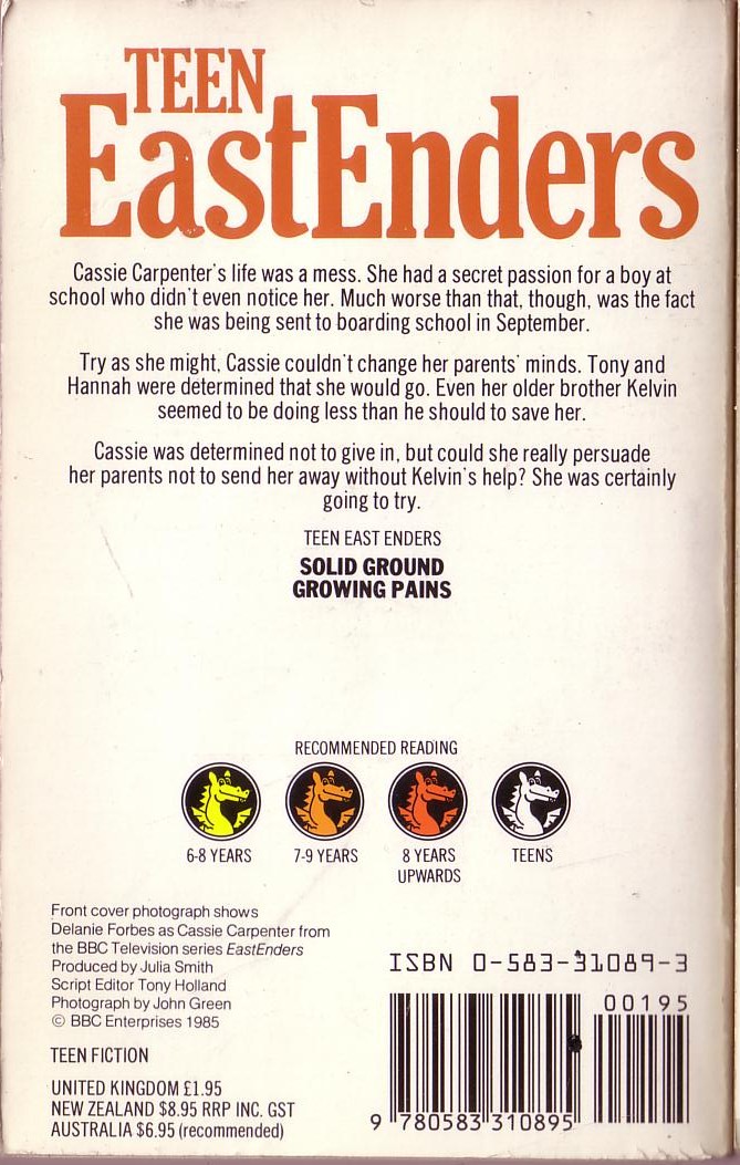 Hugh Miller  TEEN ENDERS (EASTENDERS spin-off): Growing Pains magnified rear book cover image