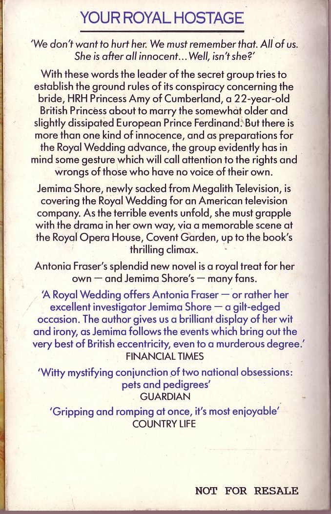 Antonia Fraser  YOUR ROYAL HOSTAGE magnified rear book cover image