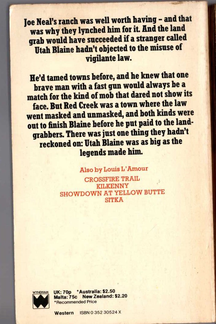 Louis L'Amour  UTAH BLAINE magnified rear book cover image
