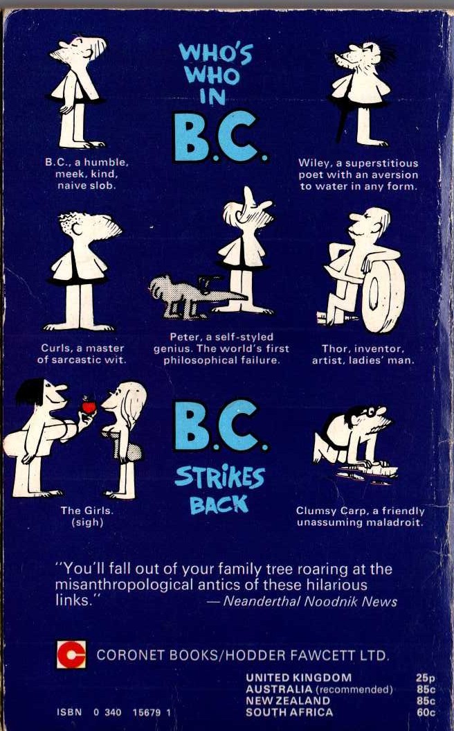 Johnny Hart  B.C. STRIKES BACK magnified rear book cover image