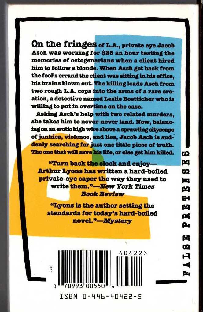 Arthur Lyons  FALSE PRETENSES magnified rear book cover image