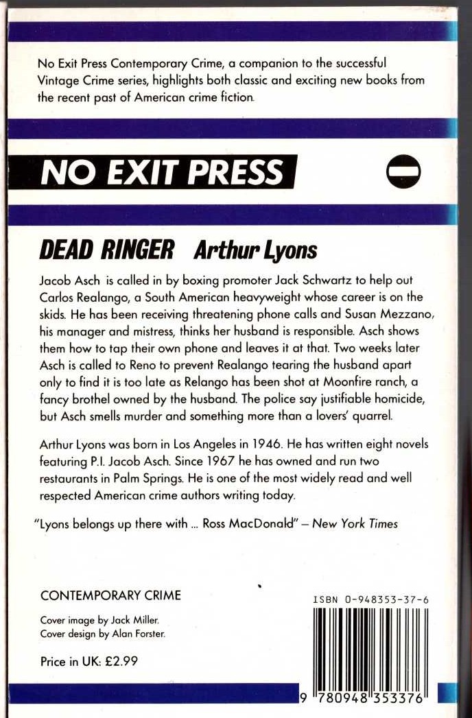 Arthur Lyons  DEAD RINGER magnified rear book cover image