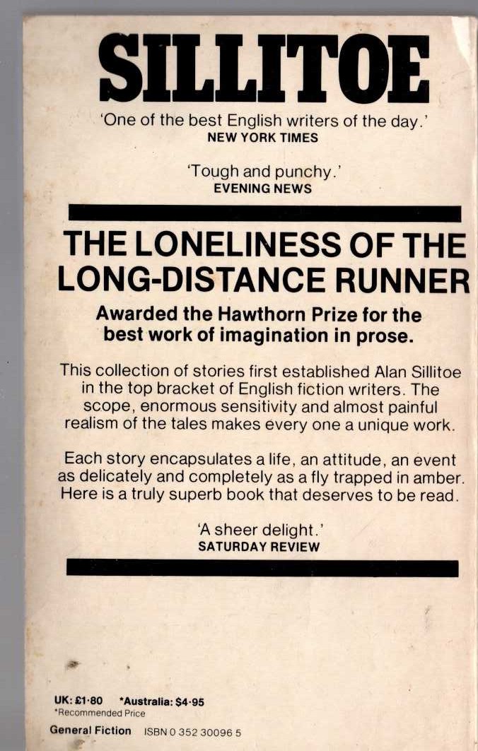 Alan Sillitoe  THE LONELINESS OF THE LONG-DISTANCE RUNNER magnified rear book cover image