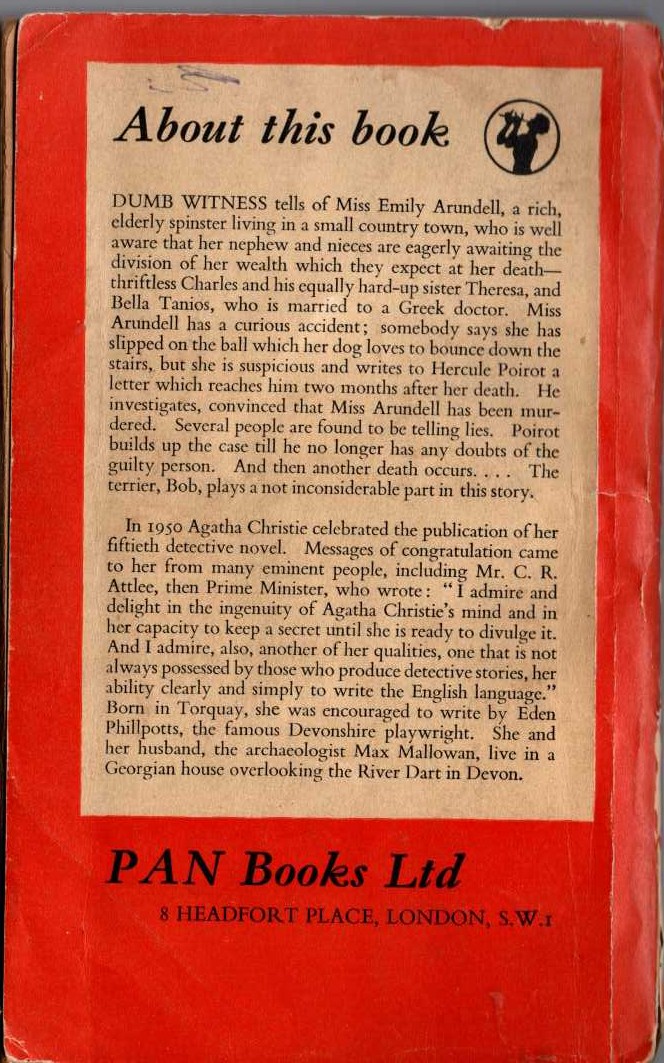 Agatha Christie  DUMB WITNESS magnified rear book cover image