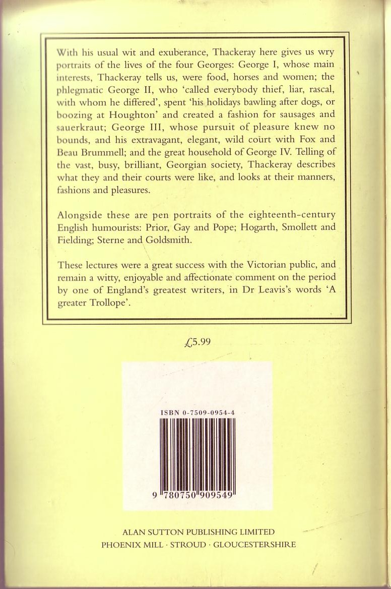 William Thackeray  THE FOUR GEORGES and THE ENGLISH HUMOURISTS magnified rear book cover image