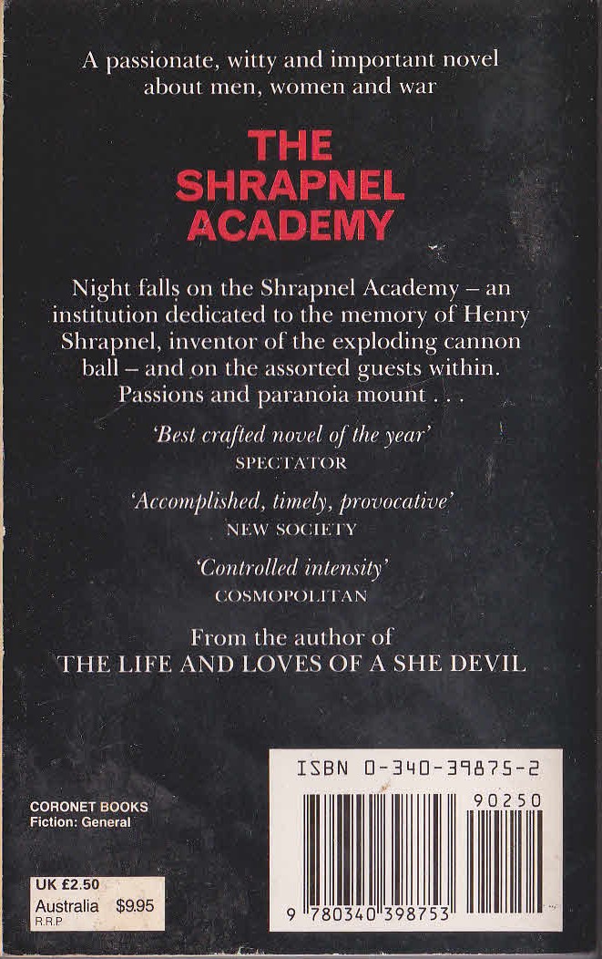 Fay Weldon  THE SHRAPNEL ACADEMY magnified rear book cover image