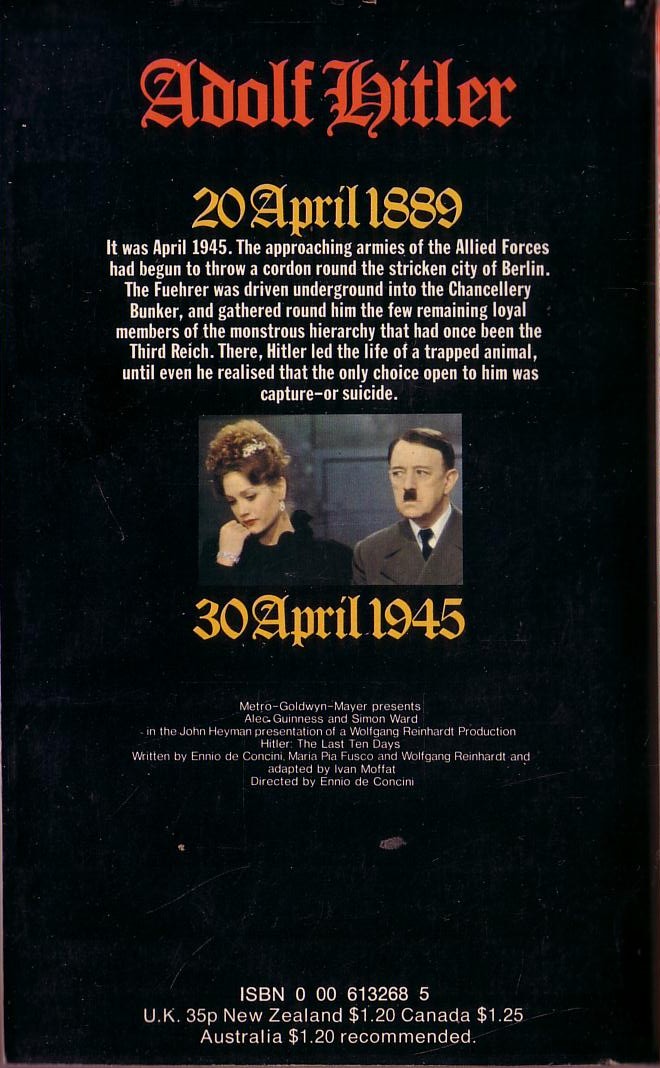 Warren Tute  HITLER: THE LAST DAYS (Alec Guiness) magnified rear book cover image