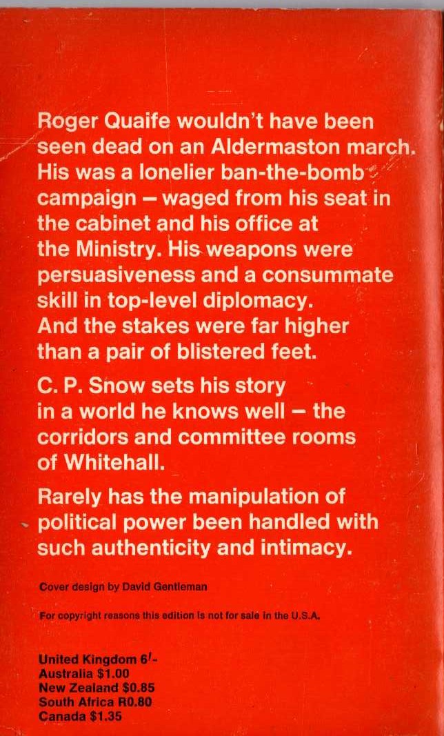 C.P. Snow  CORRIDORS OF POWER magnified rear book cover image