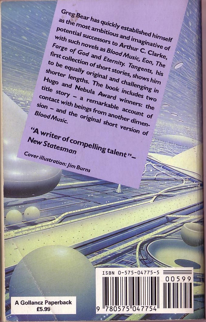 Greg Bear  TANGENTS magnified rear book cover image