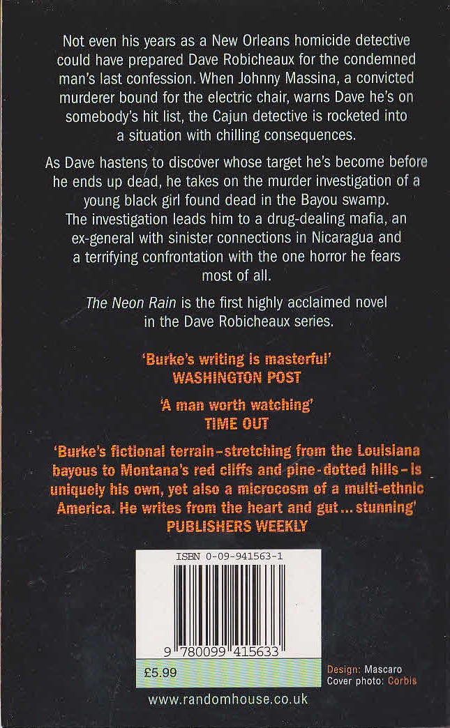 James Lee Burke  THE NEON RAIN magnified rear book cover image