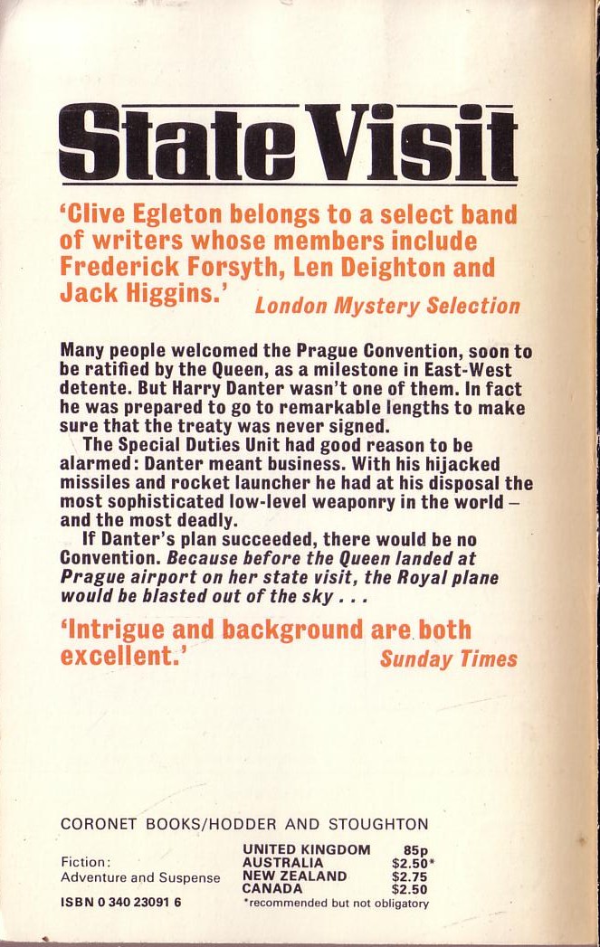 Clive Egleton  STATE VISIT magnified rear book cover image