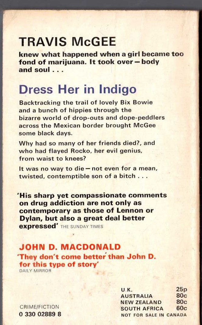 John D. MacDonald  DRESS HER IN INDIGO magnified rear book cover image