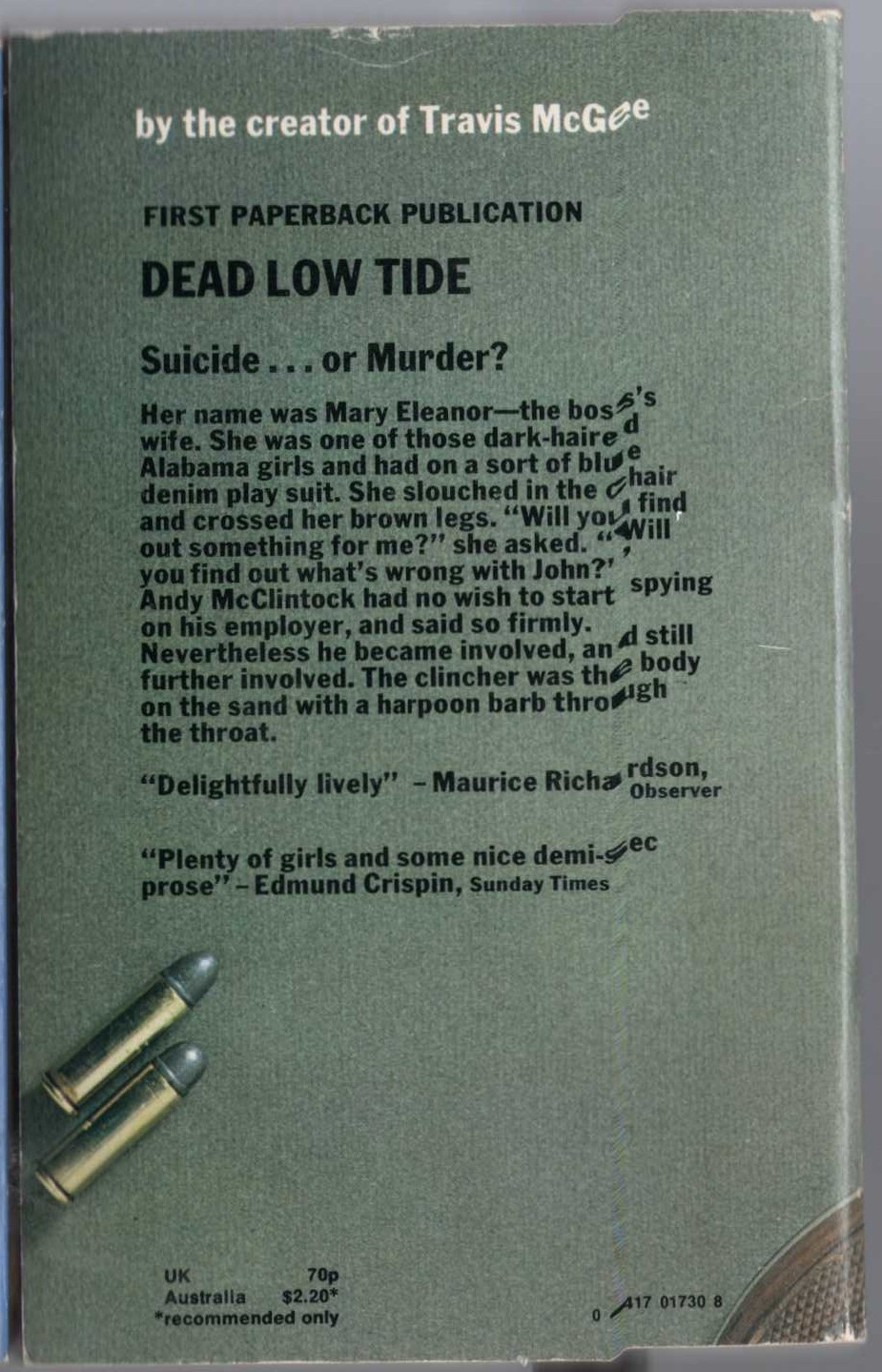 John D. MacDonald  DEAD LOW TIDE magnified rear book cover image