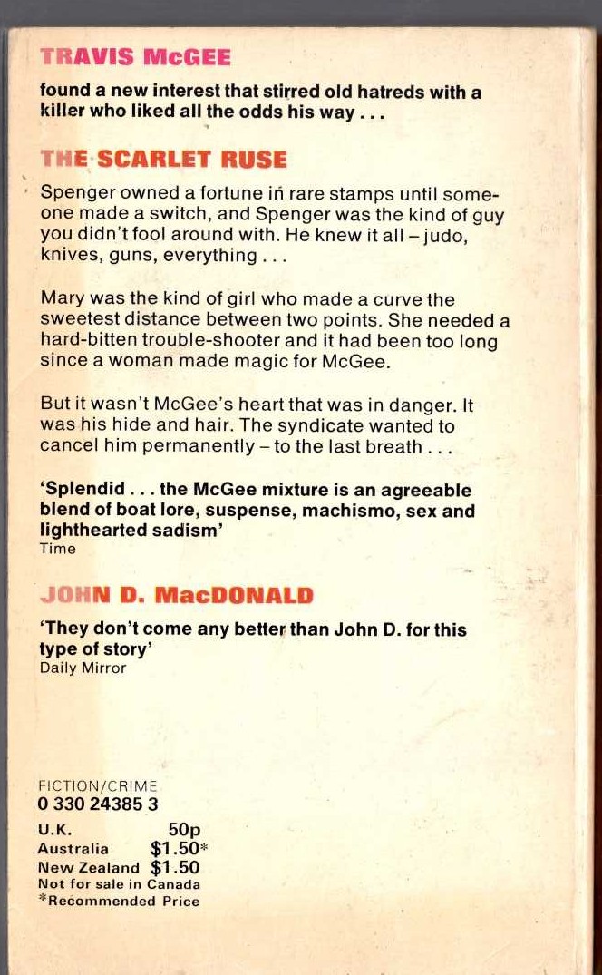 John D. MacDonald  THE SCARLET RUSE magnified rear book cover image