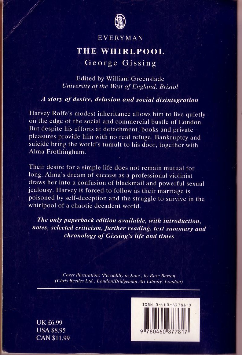 George Gissing  THE WHIRLPOOL magnified rear book cover image
