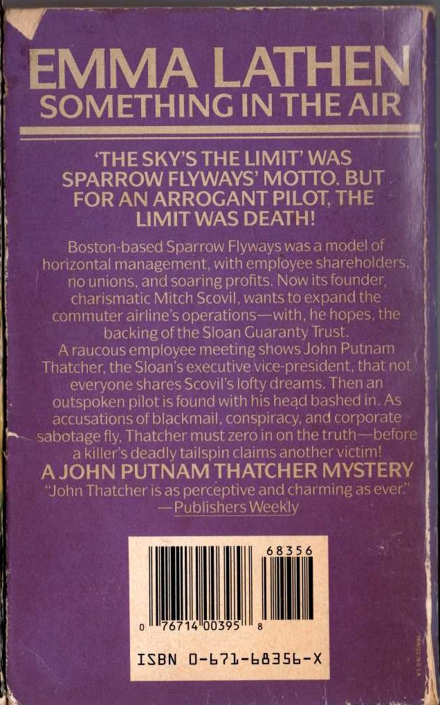 Emma Lathen  SOMETHING IN THE AIR magnified rear book cover image